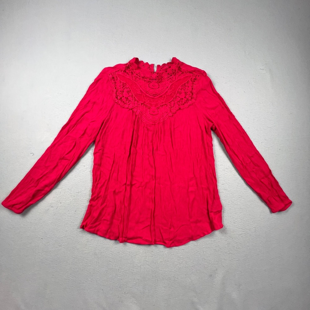 Torrid Blouse Womens 0 Red Crochet Lace Yoke Long Sleeve Gauze Boho Romantic Top